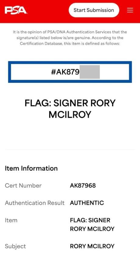 ローリー・マキロイ グランドスライム達成マスターズ優勝 直筆サイン 鑑定書付