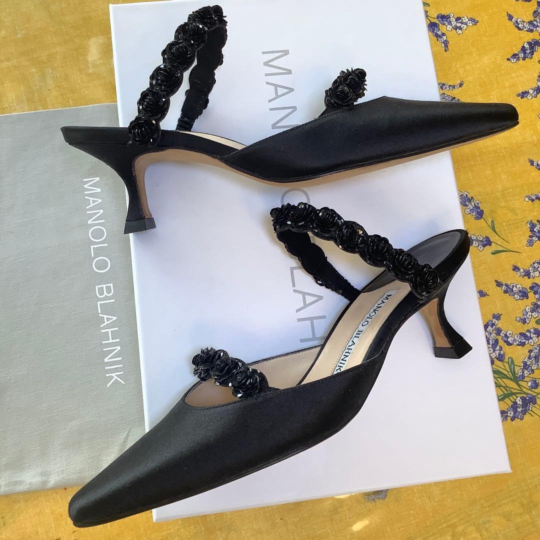 試着のみ新品! マノロブラニク バラモチーフ 極上サテン地 サンダル 22㎝