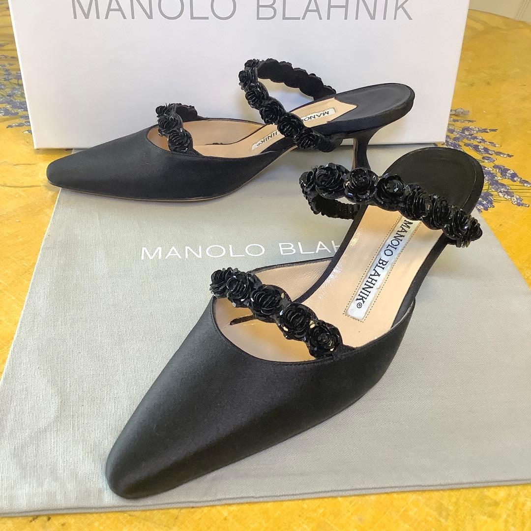 試着のみ新品! マノロブラニク バラモチーフ 極上サテン地 サンダル 22㎝