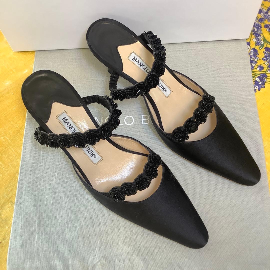 試着のみ新品! マノロブラニク バラモチーフ 極上サテン地 サンダル 22㎝