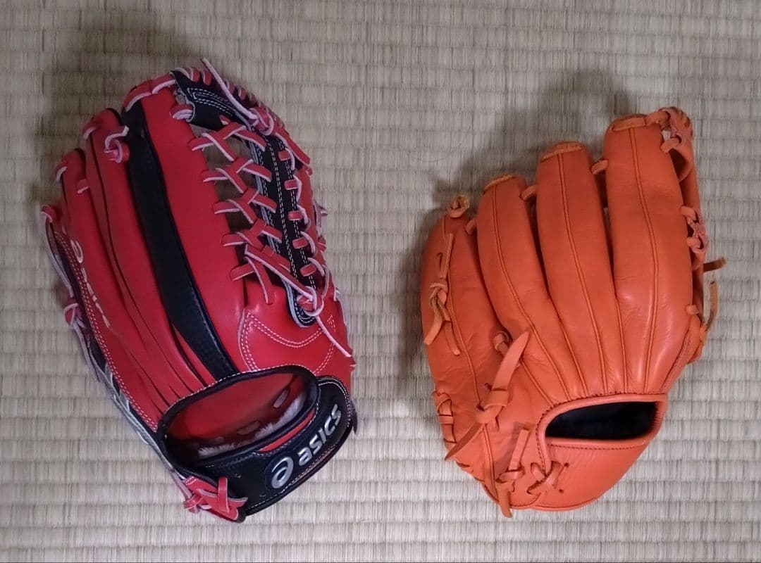 【2個セット・美品】asics 野球グローブ 赤黒＆オレンジ