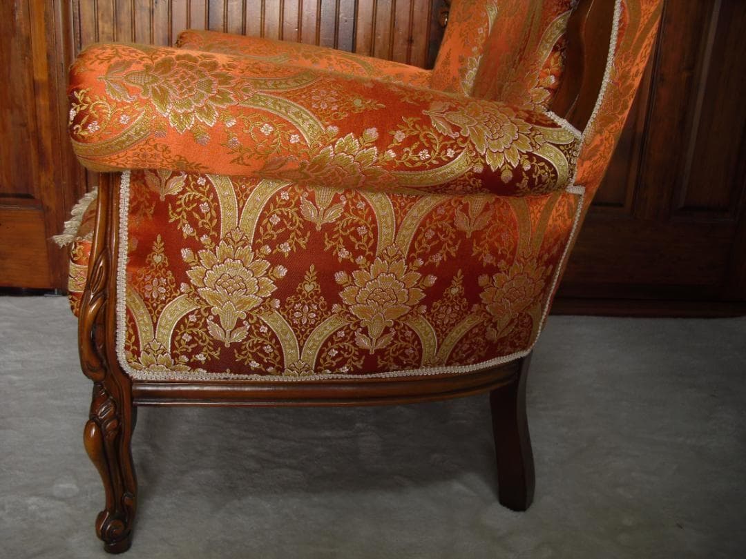 イタリア製 ロココ様式 １Pソファ☆金糸 薔薇 ダマスク柄 張替済み☆猫脚 彫刻