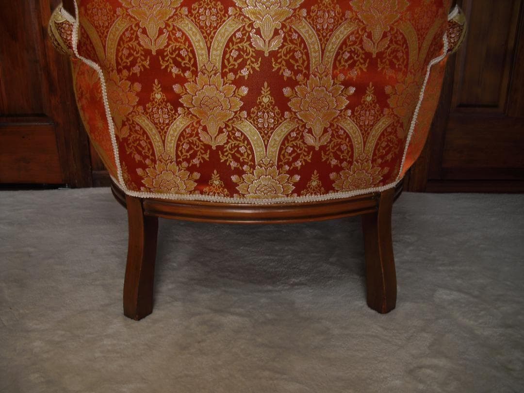 イタリア製 ロココ様式 １Pソファ☆金糸 薔薇 ダマスク柄 張替済み☆猫脚 彫刻