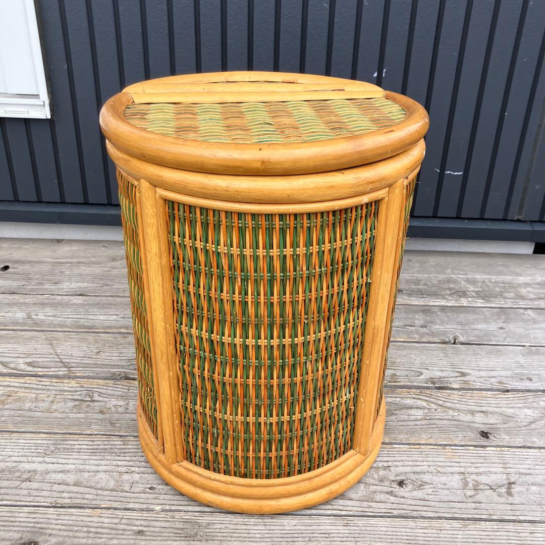 昭和レトロ ラタン 円筒形フタ付きごみ箱 円形スツール ラタンスツール 丸椅子