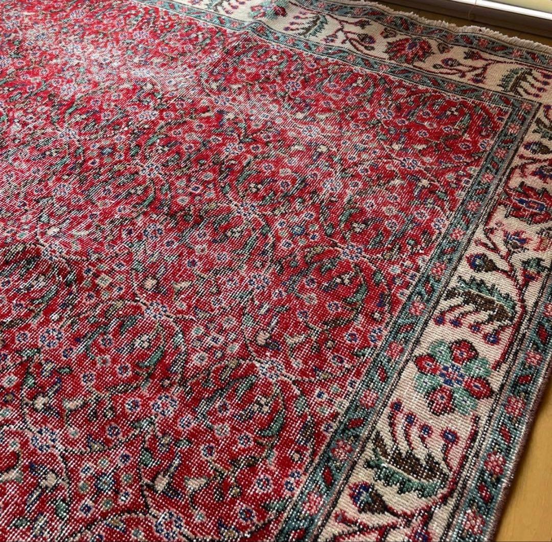 大判　162×262 クリーム縁取り　ストロベリー草花　トルコヴィンテージラグ