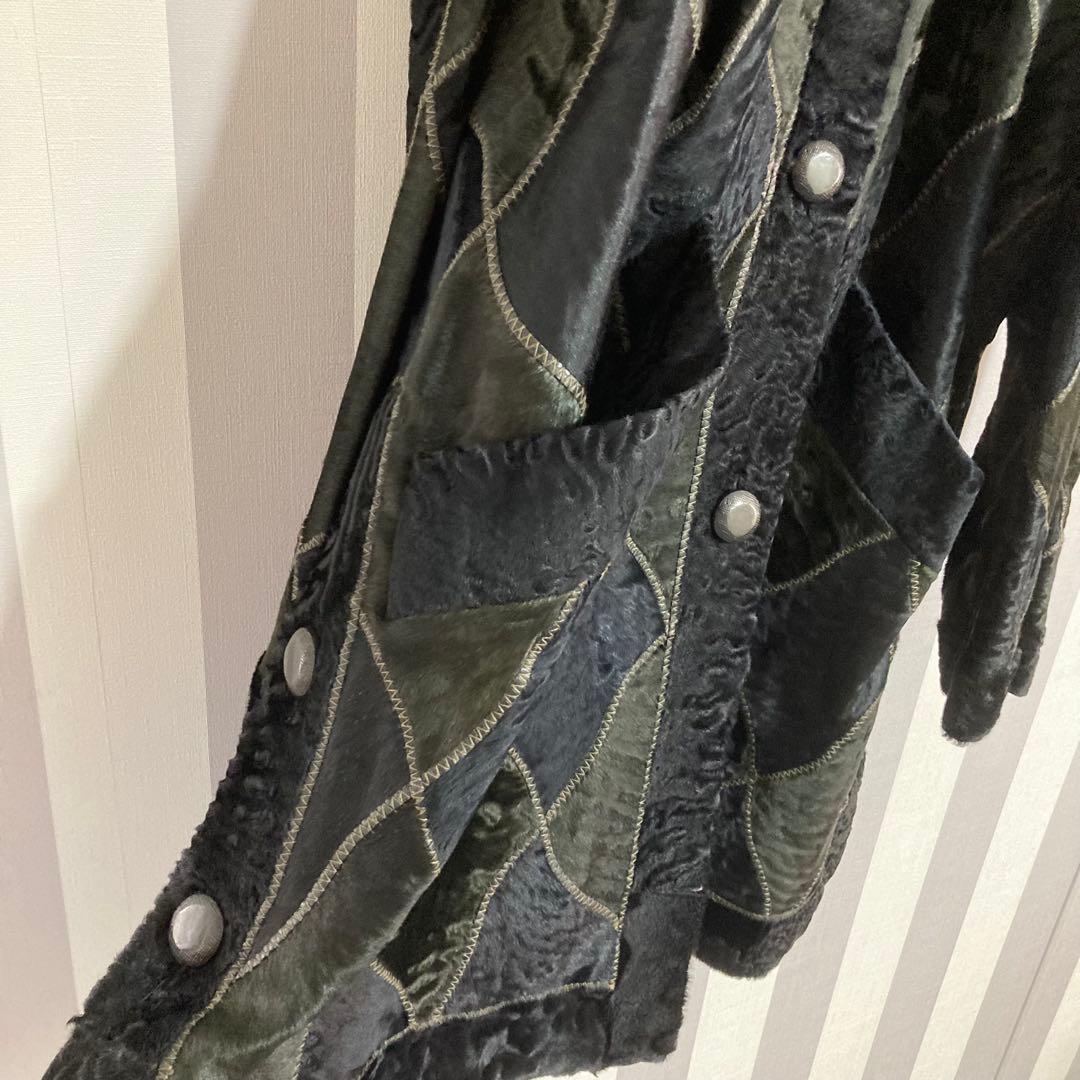 リンナネン【L】高級ファーコート◎ブラック　異素材のダイヤ柄　ロシアンカラクール