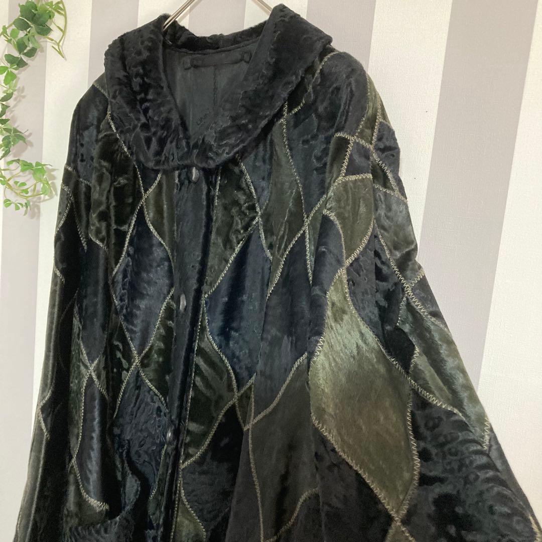 リンナネン【L】高級ファーコート◎ブラック　異素材のダイヤ柄　ロシアンカラクール