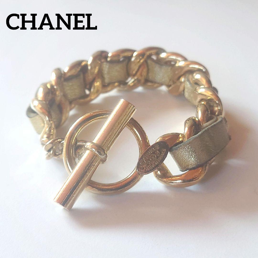 シャネル バングル チェーン Tバー 28 喜平 革 ゴールド 金具 リング