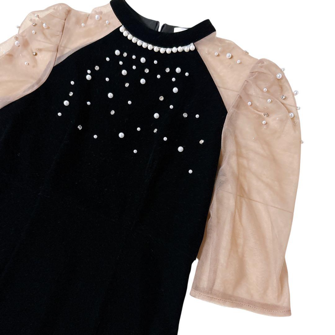 【LEJA】シアースリーブパールビジューベロアマーメイドドレス ワンピース S