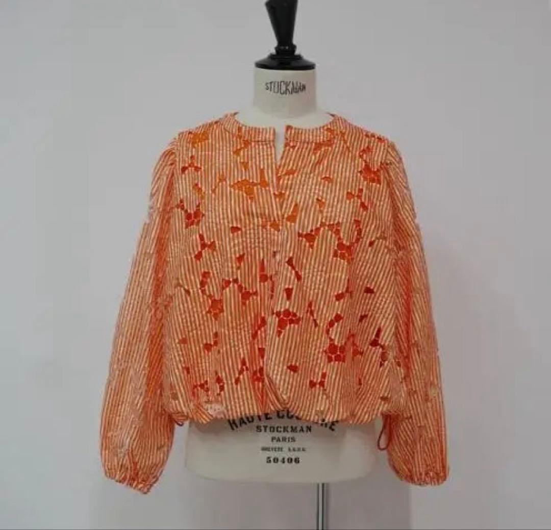 LINKABLE リンカブル　ストライプレースブラウス（オレンジ）