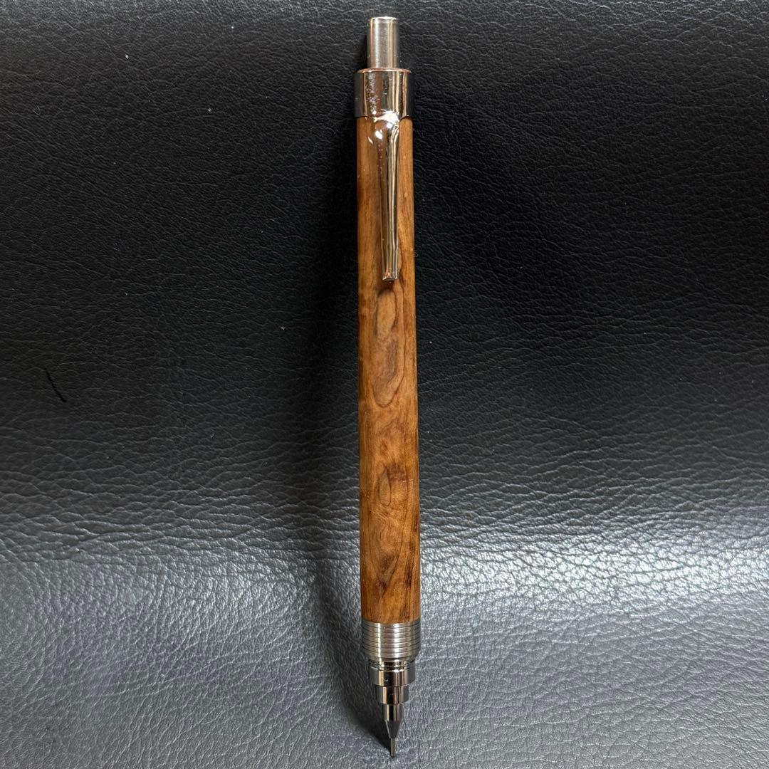 221屋久杉油木トラ杢　木製シャーペン　超低重心溝付き　ステンレス