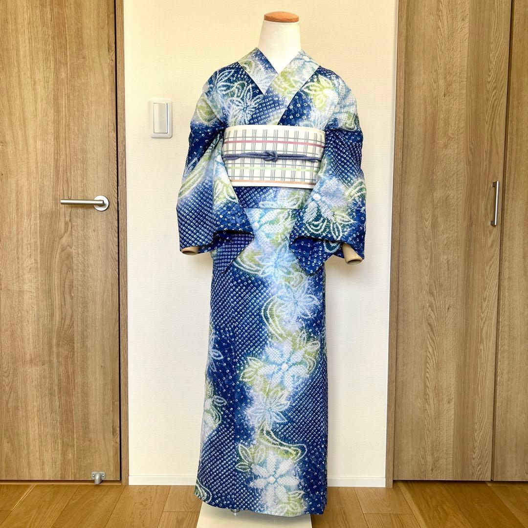 やまと謹製　裄70 有松絞り　絞り浴衣　花柄　藍色×白