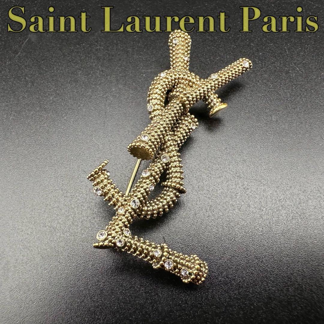 未使用級✨　YSL　サンローランパリ　ブローチ　ラインストーン　ロゴ　988