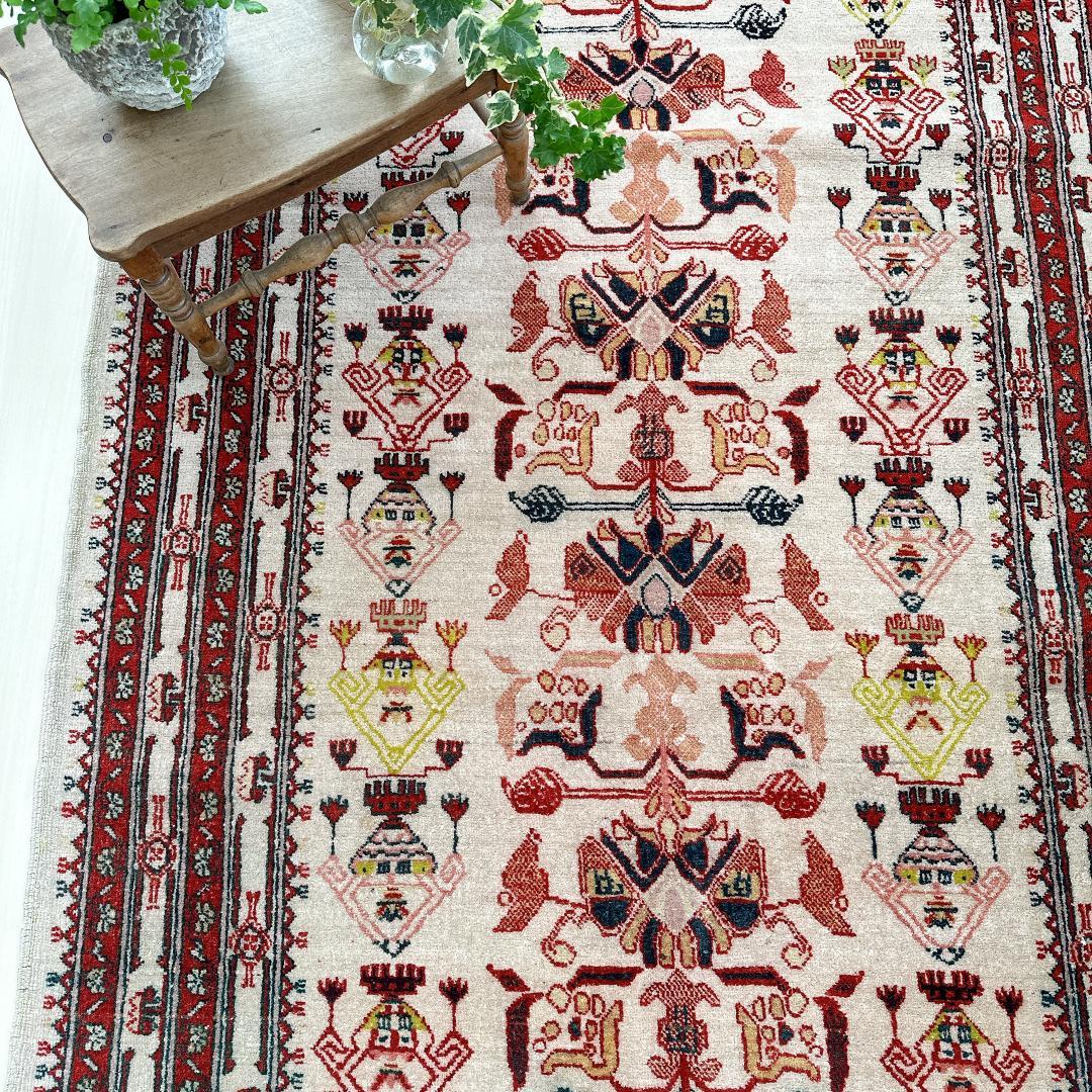 トルコ製ヴィンテージラグ771高級 レア アイボリー レッド イエロー グリーン