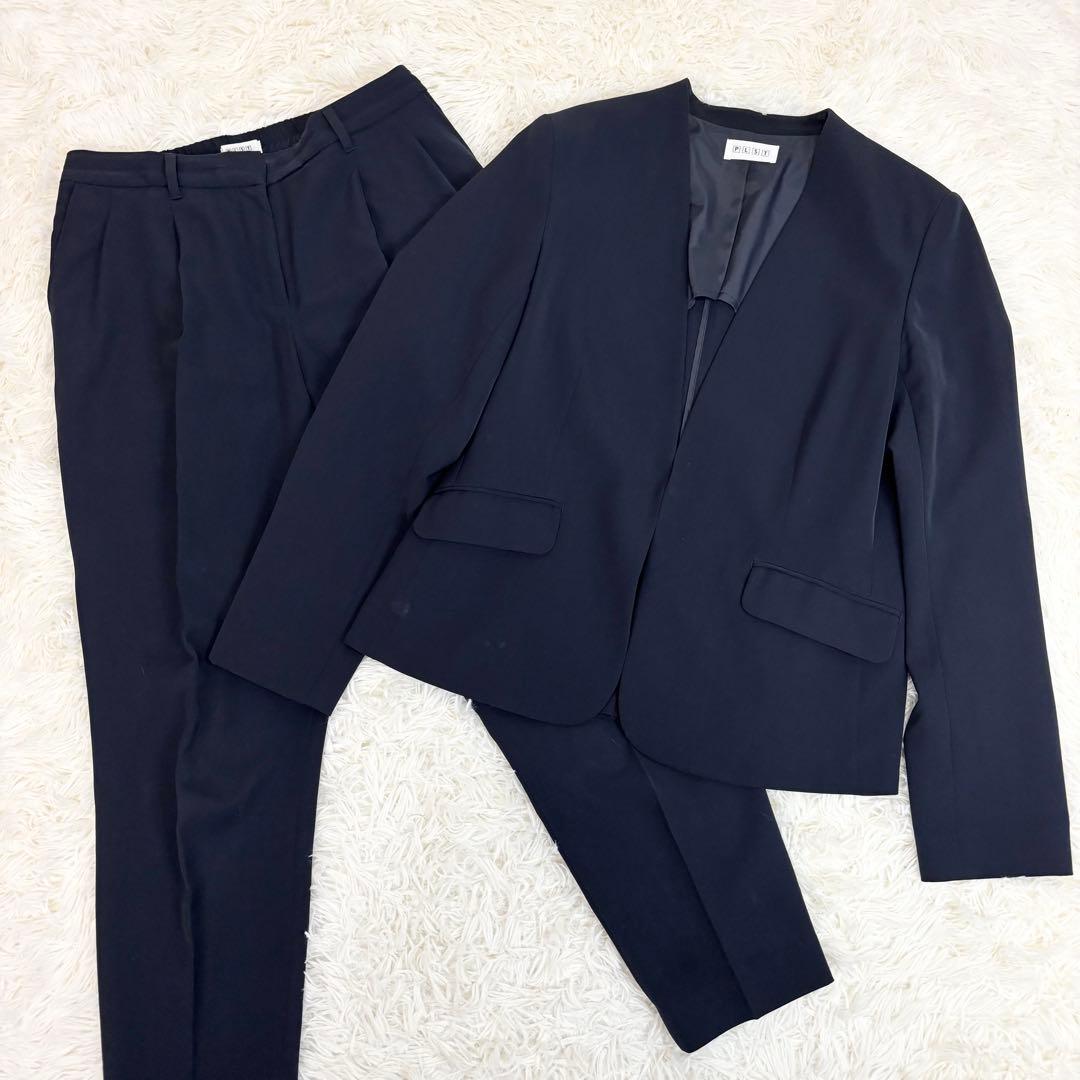 PLST パンツセットアップ　ノーカラー　パンツスーツ　ネイビー