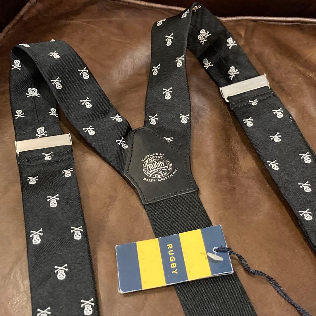 未使用タグ付　スカル柄サスペンダー ラルフローレン ポロ　ラグビー レザー