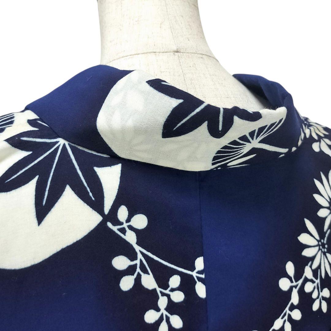 【浴衣】花に団扇模様　楓　藍染 注染　紺　青　ネイビー レトロ　古典 綿