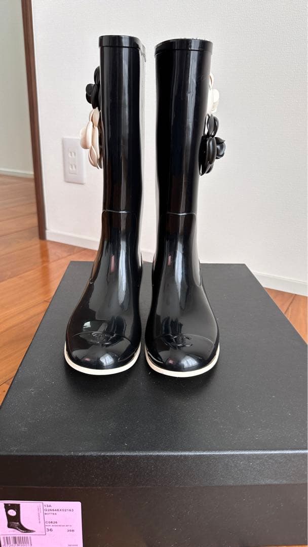 美品　シャネル　カメリア　レインブーツ　CHANEL
