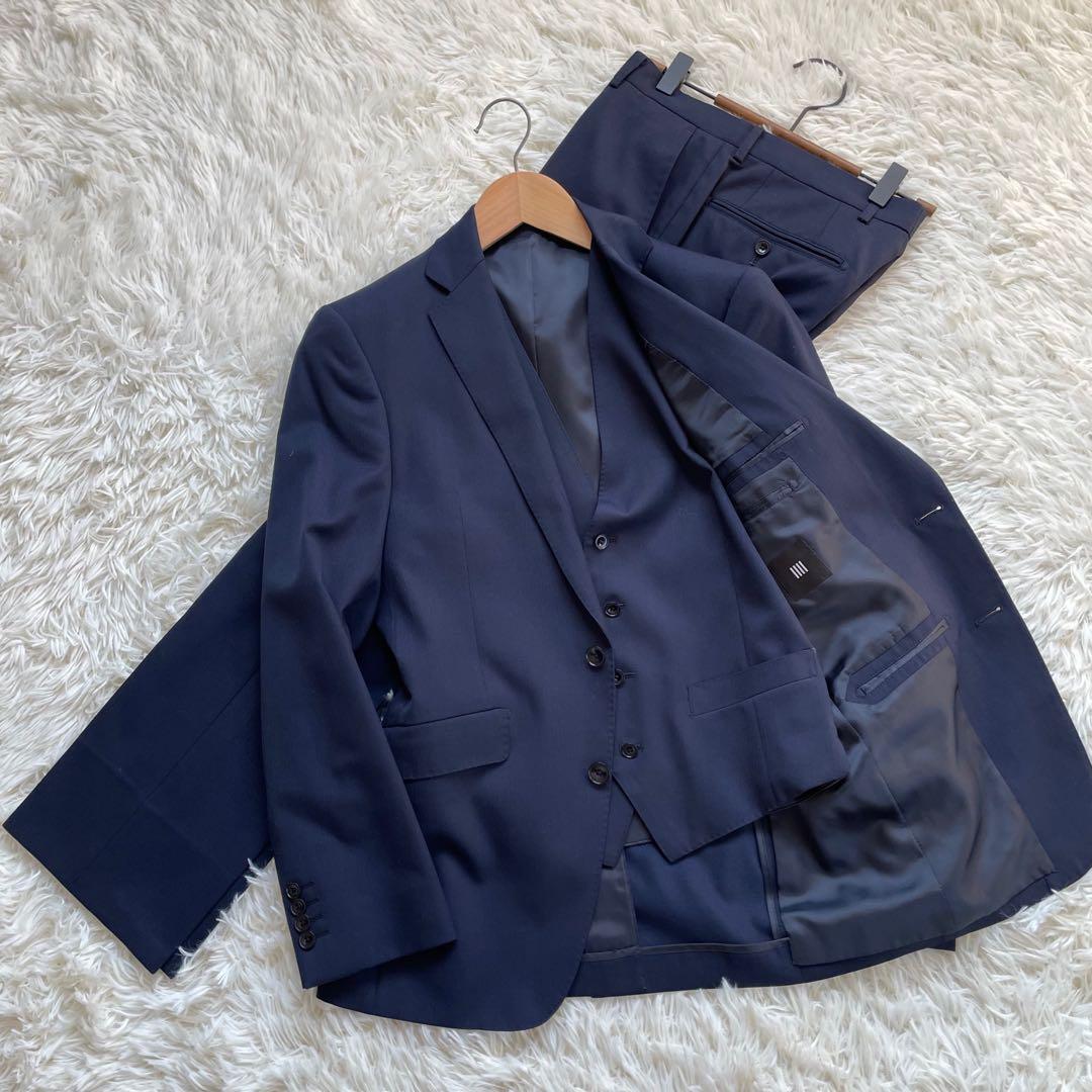 SUIT SELECTスリーピースネイビーシングル2釦スーツセットアップ