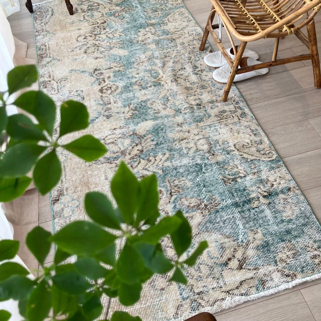 スカイブルー82×185シャビー　エメラルド　ランナー　トルコヴィンテージラグ