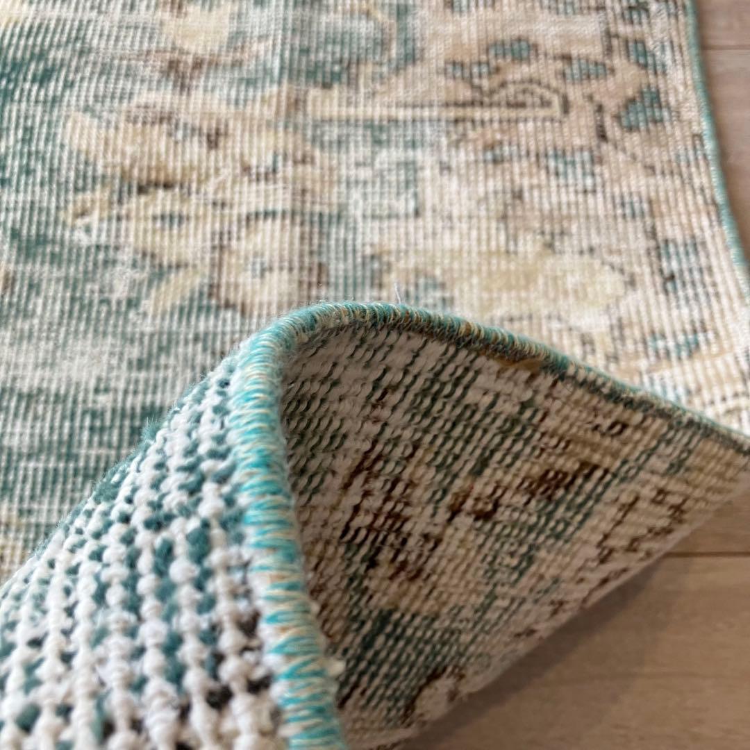 スカイブルー82×185シャビー　エメラルド　ランナー　トルコヴィンテージラグ