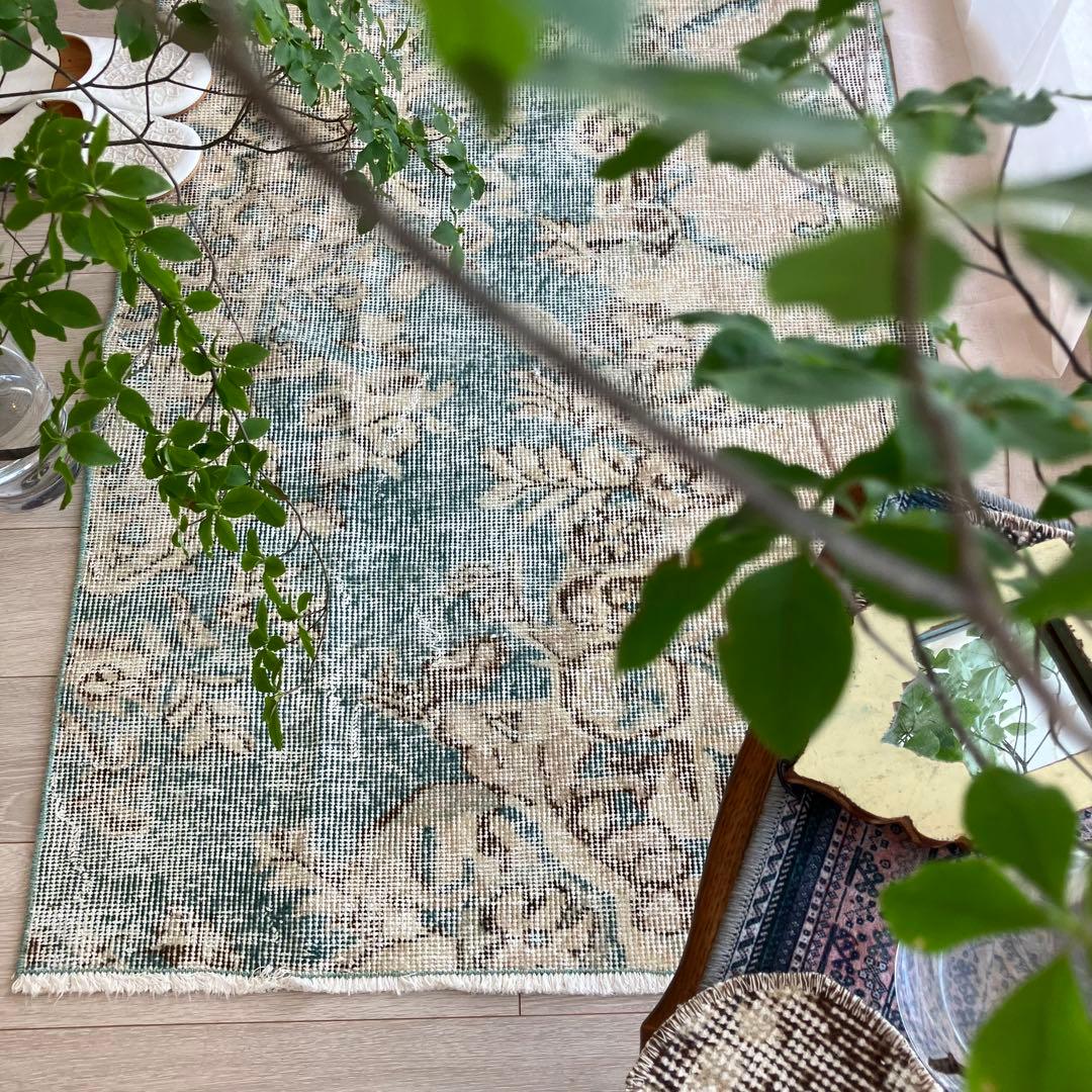 スカイブルー82×185シャビー　エメラルド　ランナー　トルコヴィンテージラグ