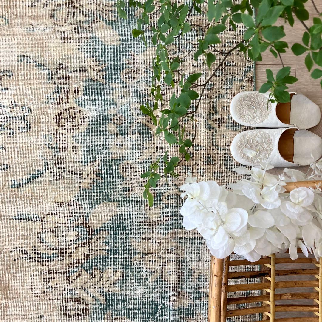 スカイブルー82×185シャビー　エメラルド　ランナー　トルコヴィンテージラグ