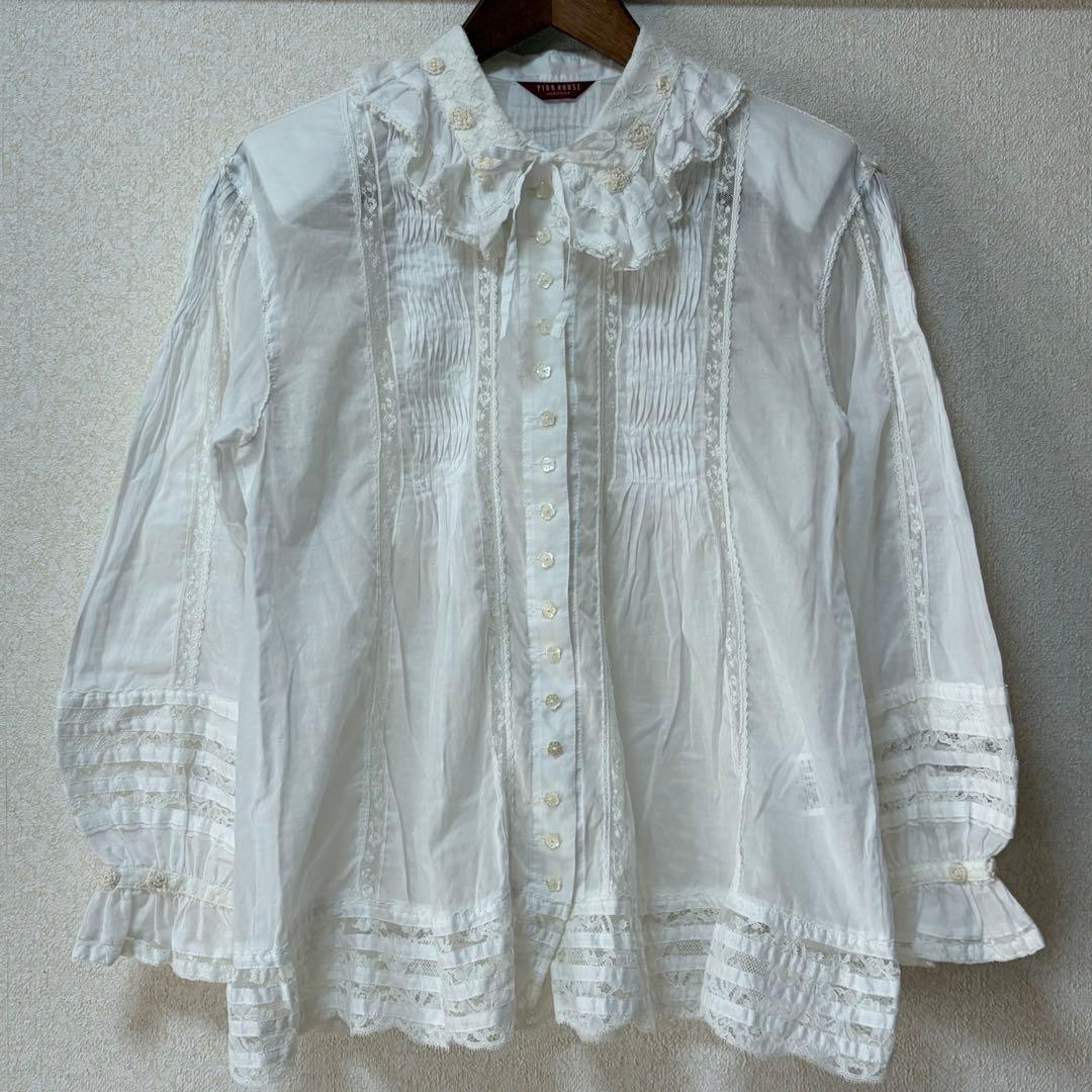 ピンクハウス　希少　日本製　ローンブラウス　レース　花モチーフ　ピンタックP72