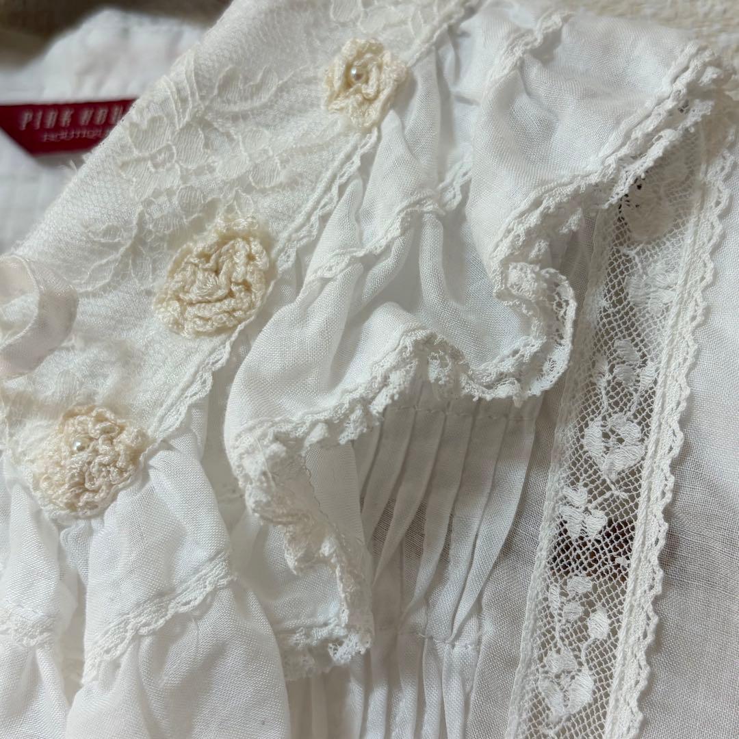 ピンクハウス　希少　日本製　ローンブラウス　レース　花モチーフ　ピンタックP72