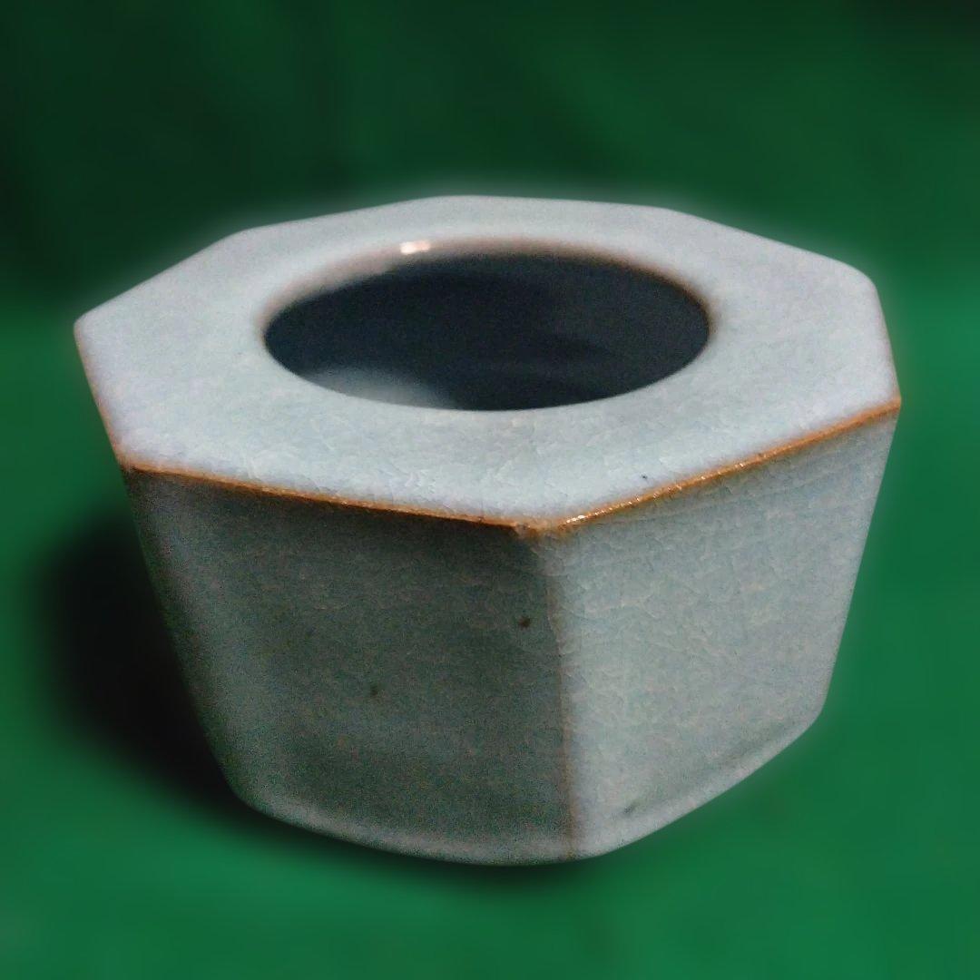 青い八角形陶器容器 木箱付き　木村盛伸　釣青釉面取　器