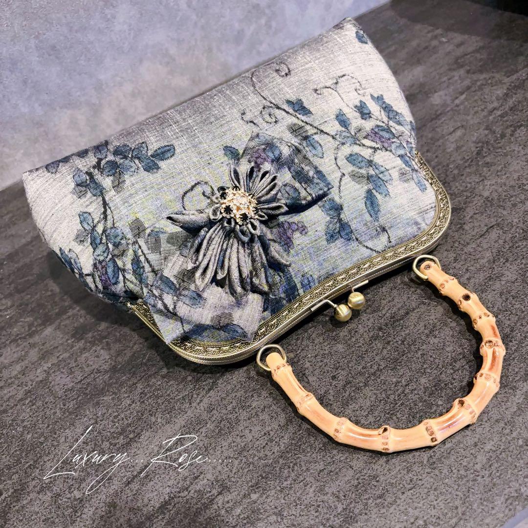 新作　和の心シリーズ洗練された大きめバンブー紬の優しい艶感つまみ細工飾りを添えて