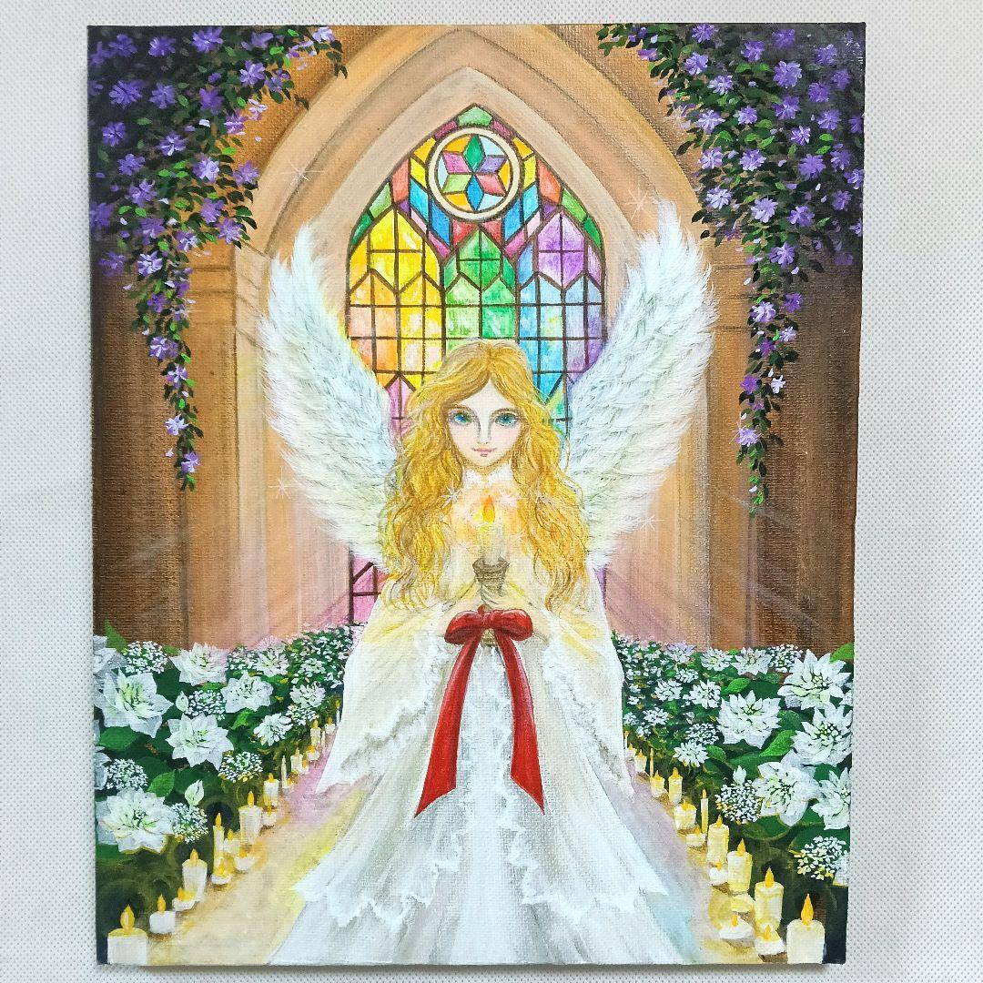 No.557 F3　天使　絵画　アクリル画　クリスマスローズ　ステンドグラス