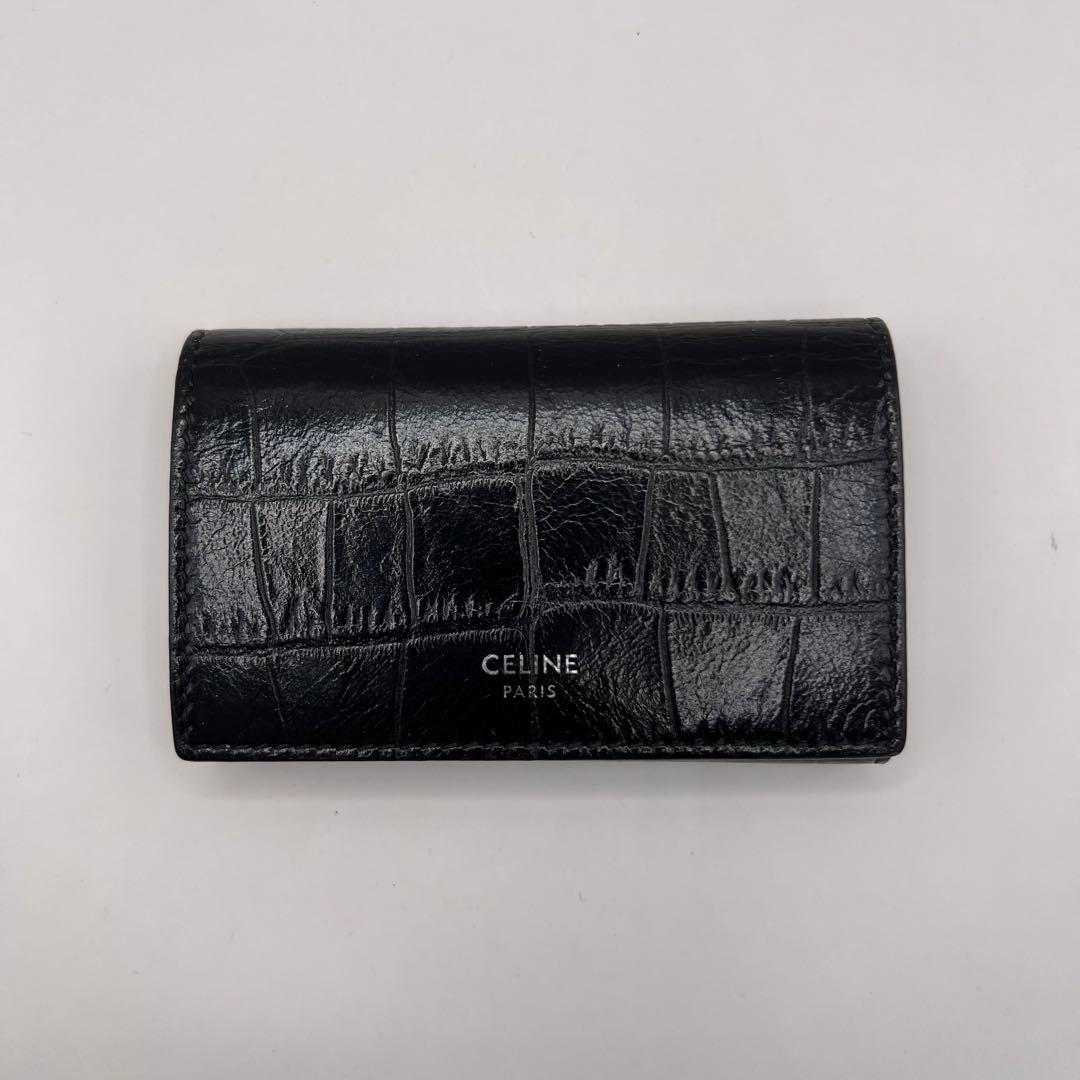 CELINE キーケース　クロコ　6連　ブラック　型押し　カーフスキン　黒色