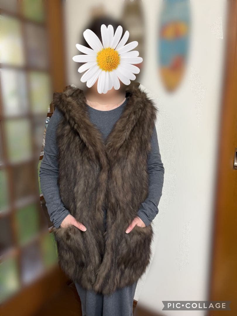 ブラウン系 フォックスファーベスト フード付き