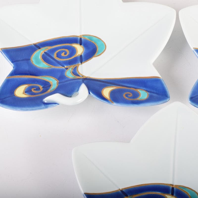 有田焼　富右衛門　色絵金彩　流水絵　葉形皿揃　三客　共布共箱　C7895