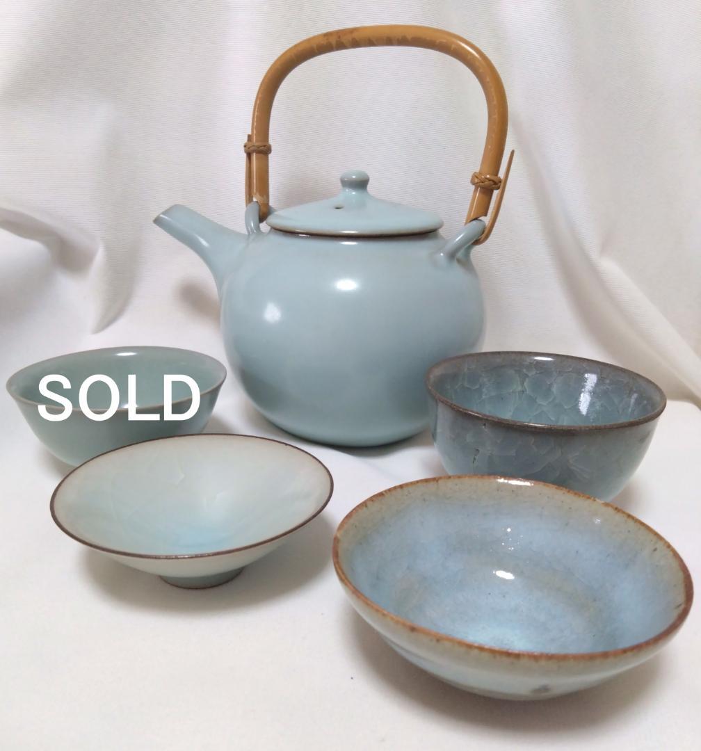 鈴木三成作　急須 猪口3点 青磁 青瓷 作家物