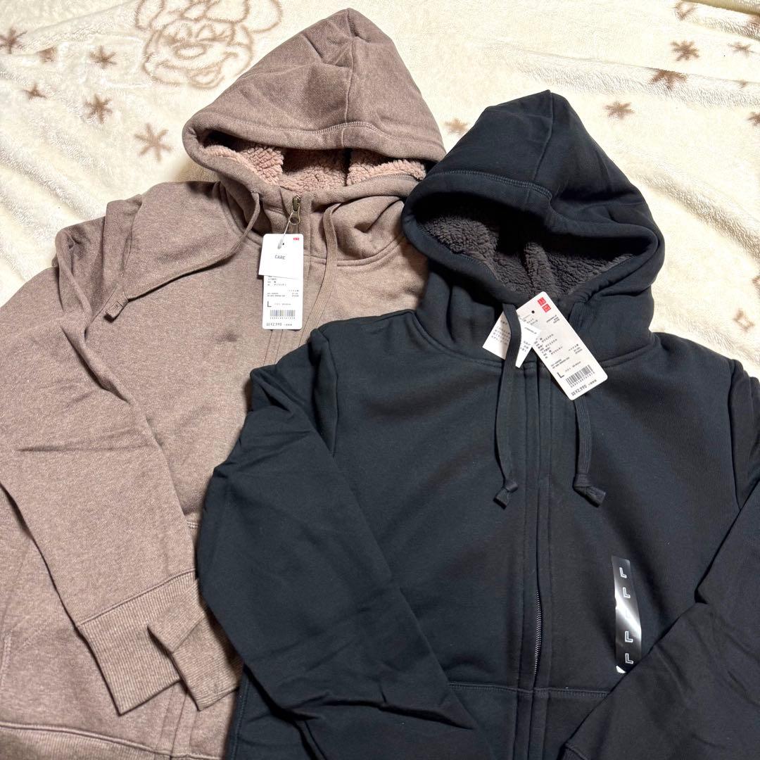 【タグ付き】ユニクロ　ボア　スウェット　フルジップ　パーカ　パーカー　黒　茶