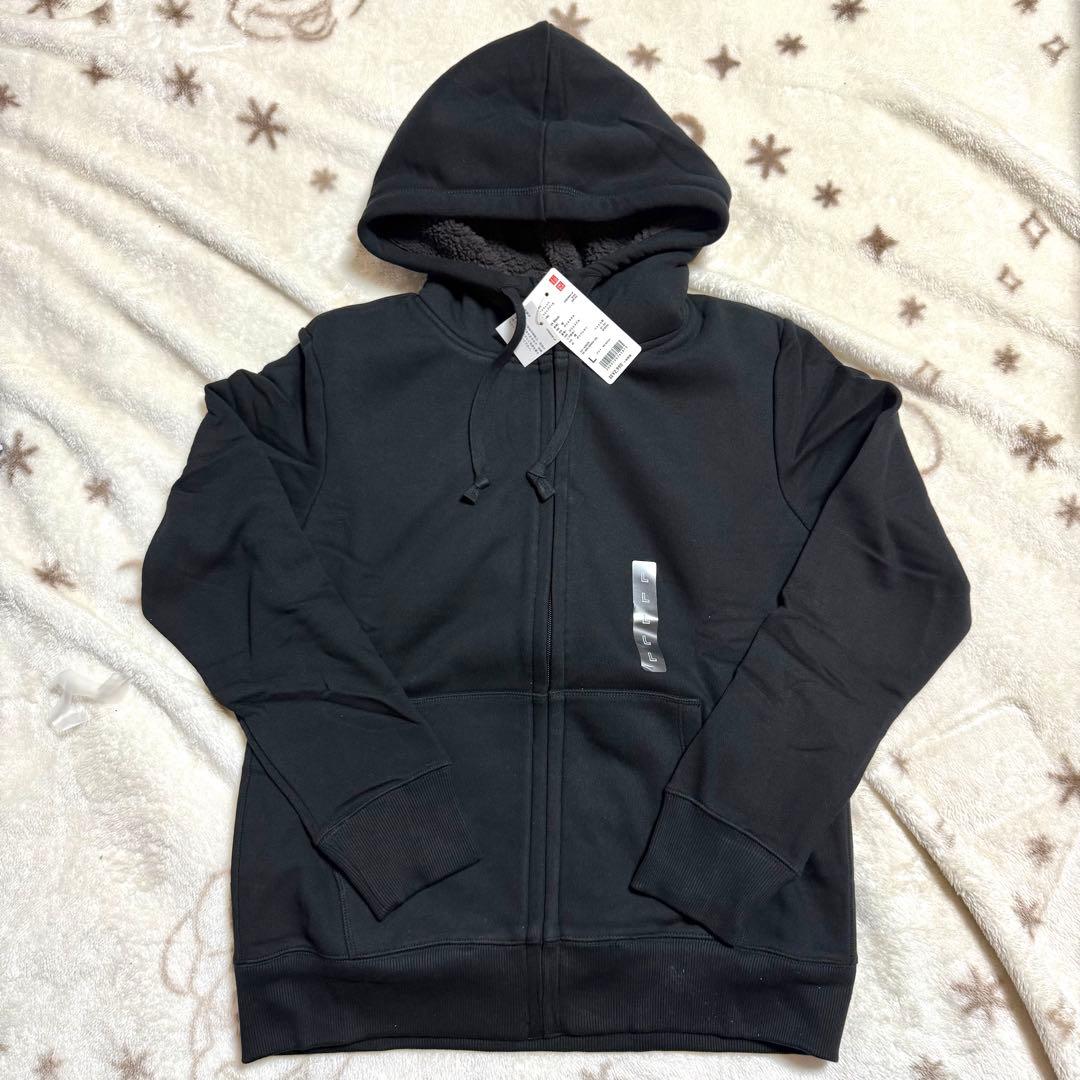 【タグ付き】ユニクロ　ボア　スウェット　フルジップ　パーカ　パーカー　黒　茶