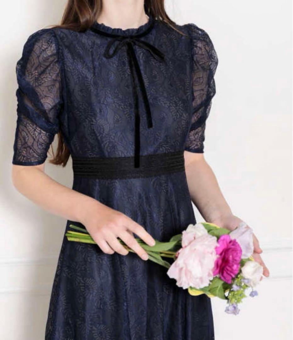 【leja】 ウエストマークパフスリーブ総レースロングドレスワンピース