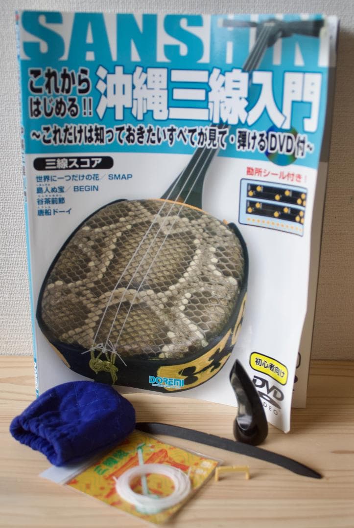 三線 沖縄 初心者セット 人工皮 ケース、爪、教本などset 三味線　送料込