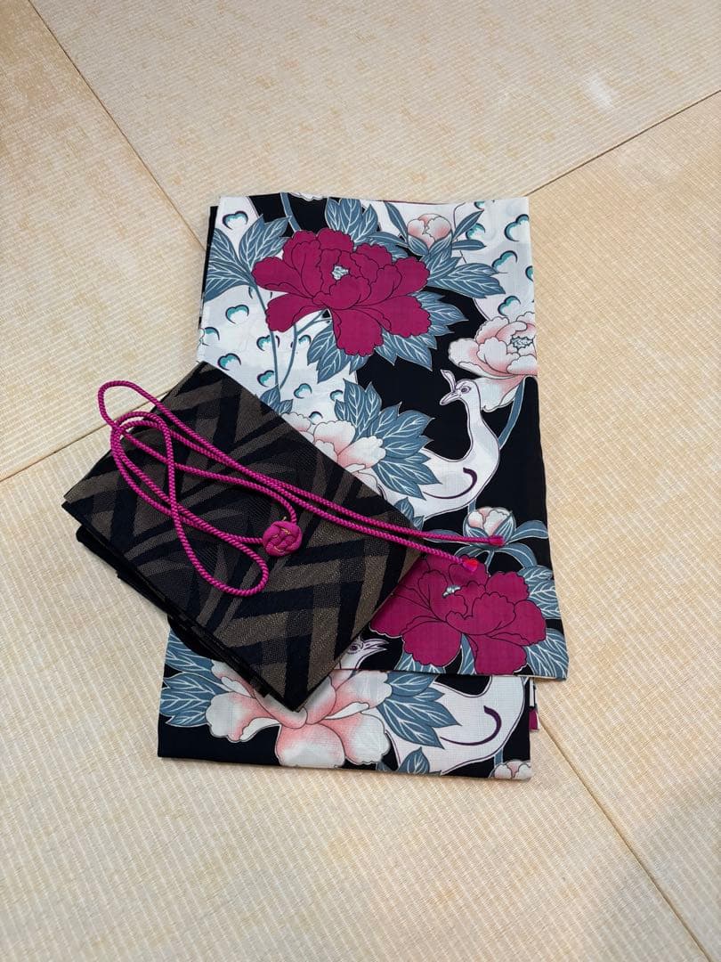 撫松庵　浴衣　帯セット　孔雀　牡丹