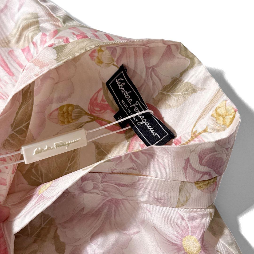 サルヴァトーレフェラガモ 花柄 シルク ボウタイ 長袖 シャツ 絹 38 ピンク