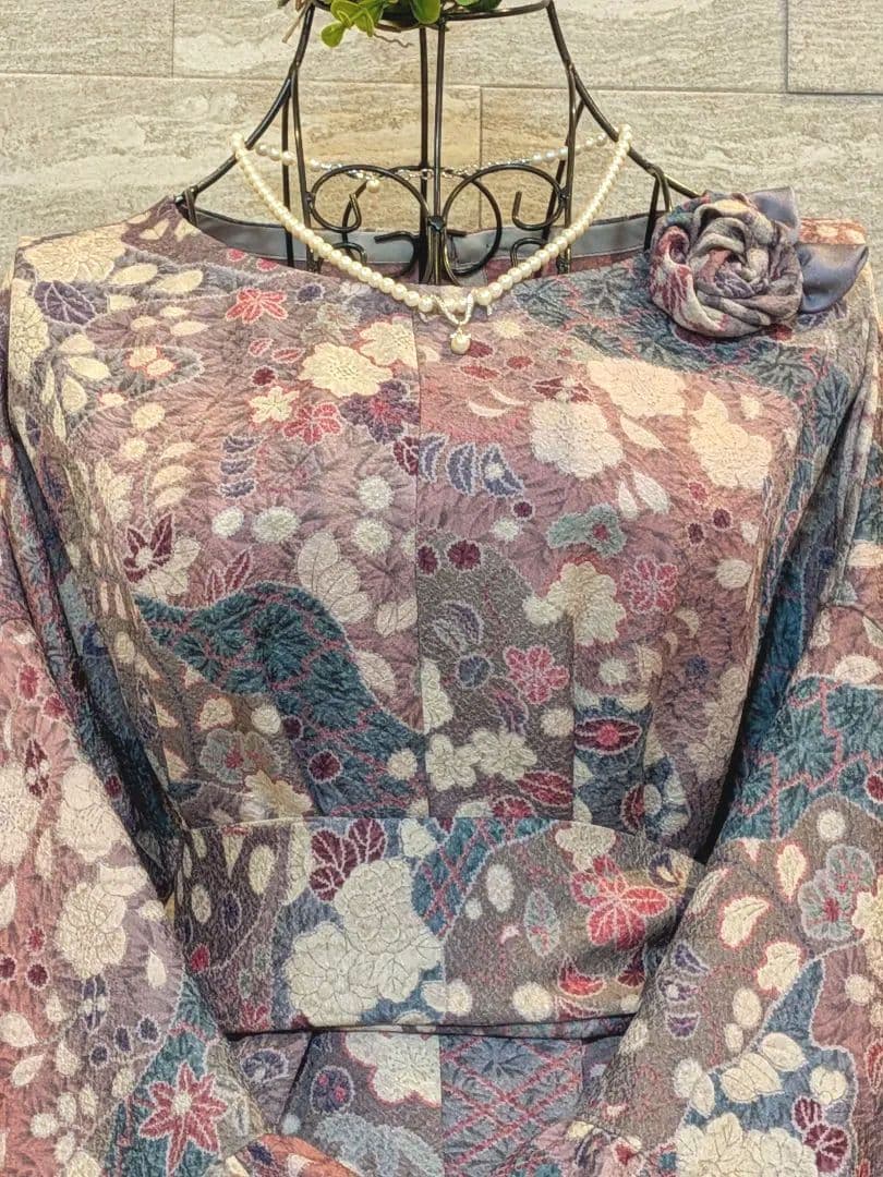 A272着物リメイク辻が花柄Aラインワンピース★リボン・ブローチ