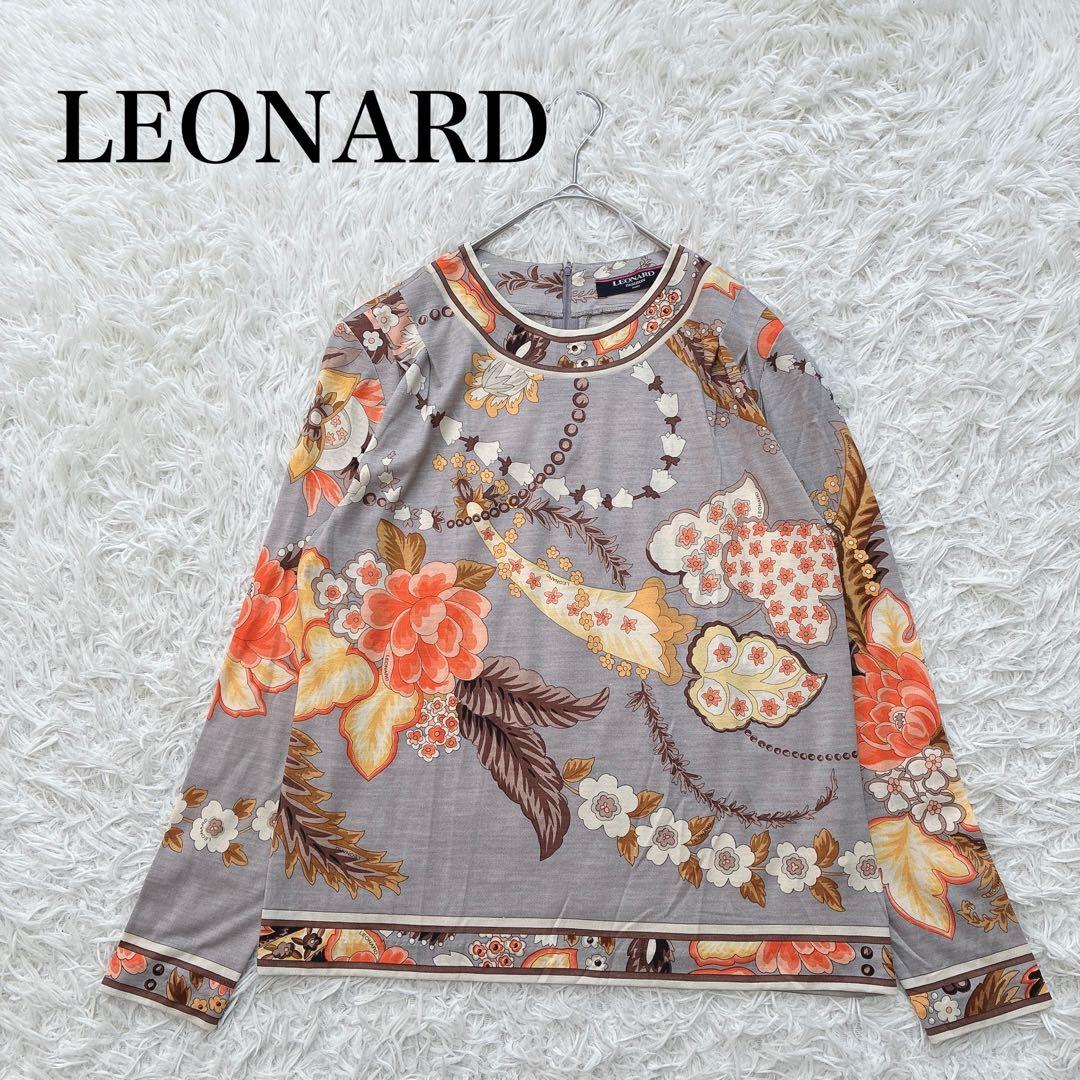 LEONARD レオナール シルク ウール 花柄 トリム 長袖シャツ ブラウス