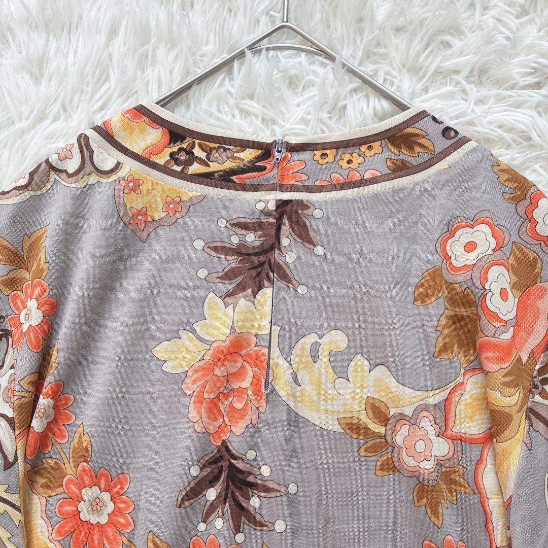 LEONARD レオナール シルク ウール 花柄 トリム 長袖シャツ ブラウス