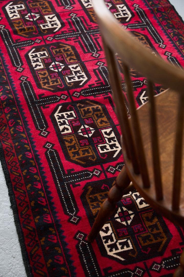 ヴィンテージラグ　トライバルラグ　バルーチ族(199×103cm)茶・赤・紺・黒