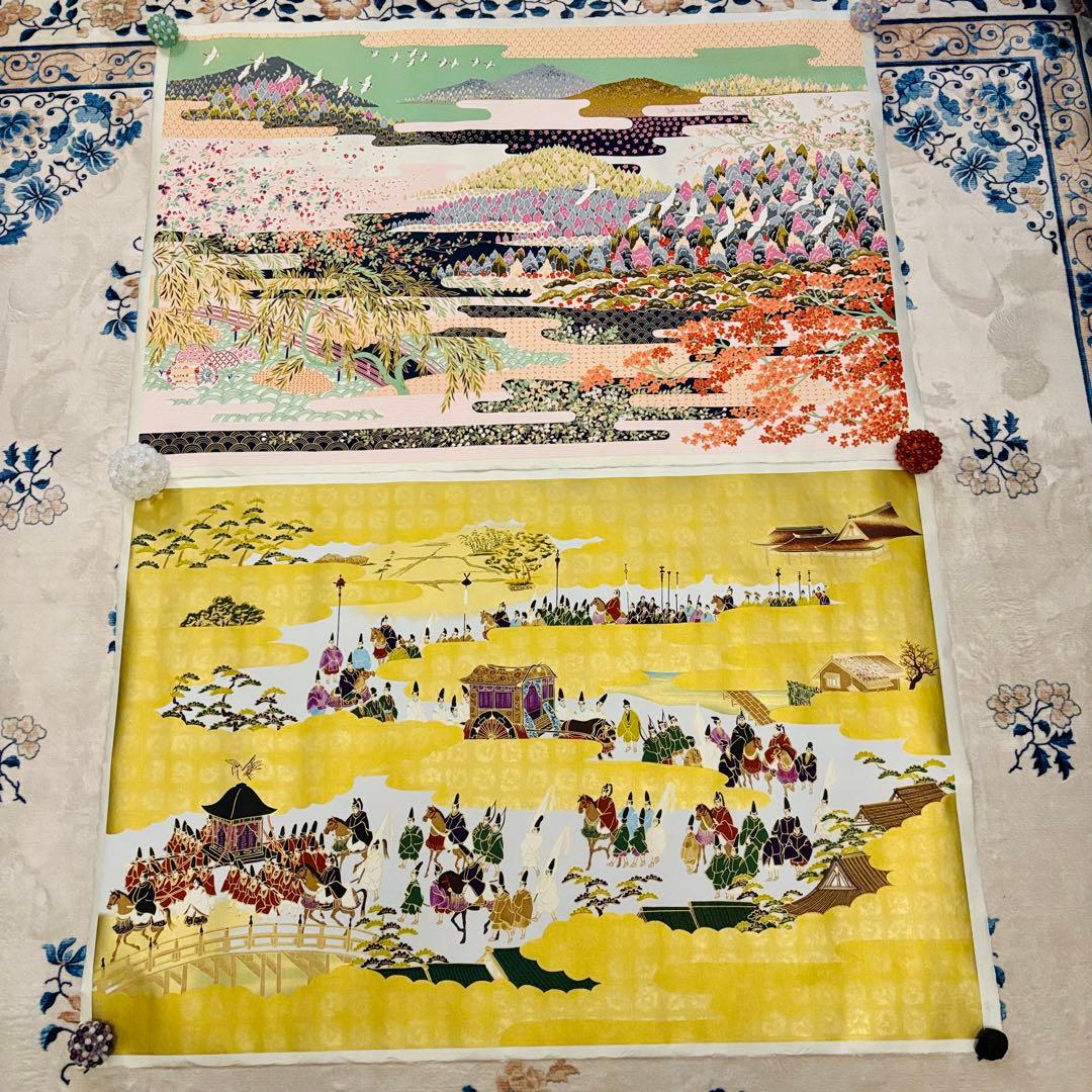 美濃和紙 友禅染 大判アート 2枚セット（花鳥／平安絵巻） 絵画　日本画
