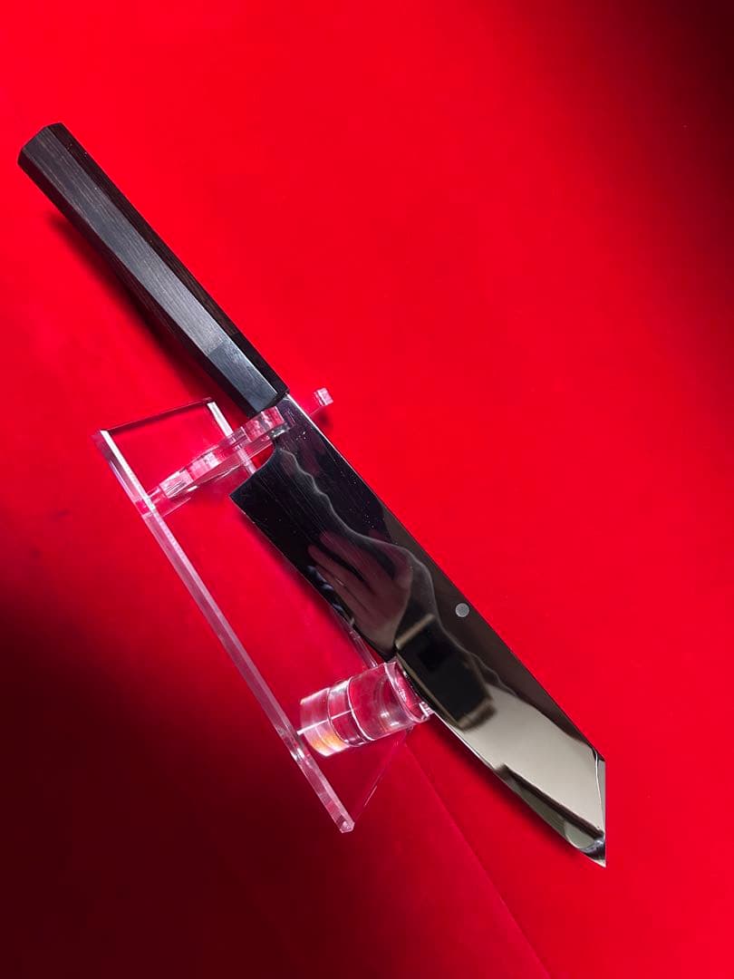 01574 包丁　切付　水本焼　富士山満月浮波　鏡面仕上げ　錆止めフィルム付