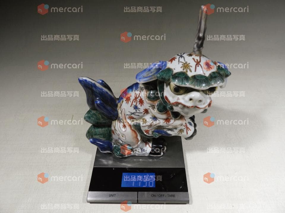 ●江戸期 傑作 古伊万里 柿右衛門様式 色絵 角獅子 独角獅子 妖怪 23cm高