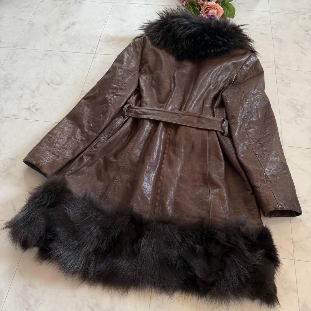 高級★ノワールリビエール フォックス毛皮 羊革 イタリアレザー ベルテッドコート